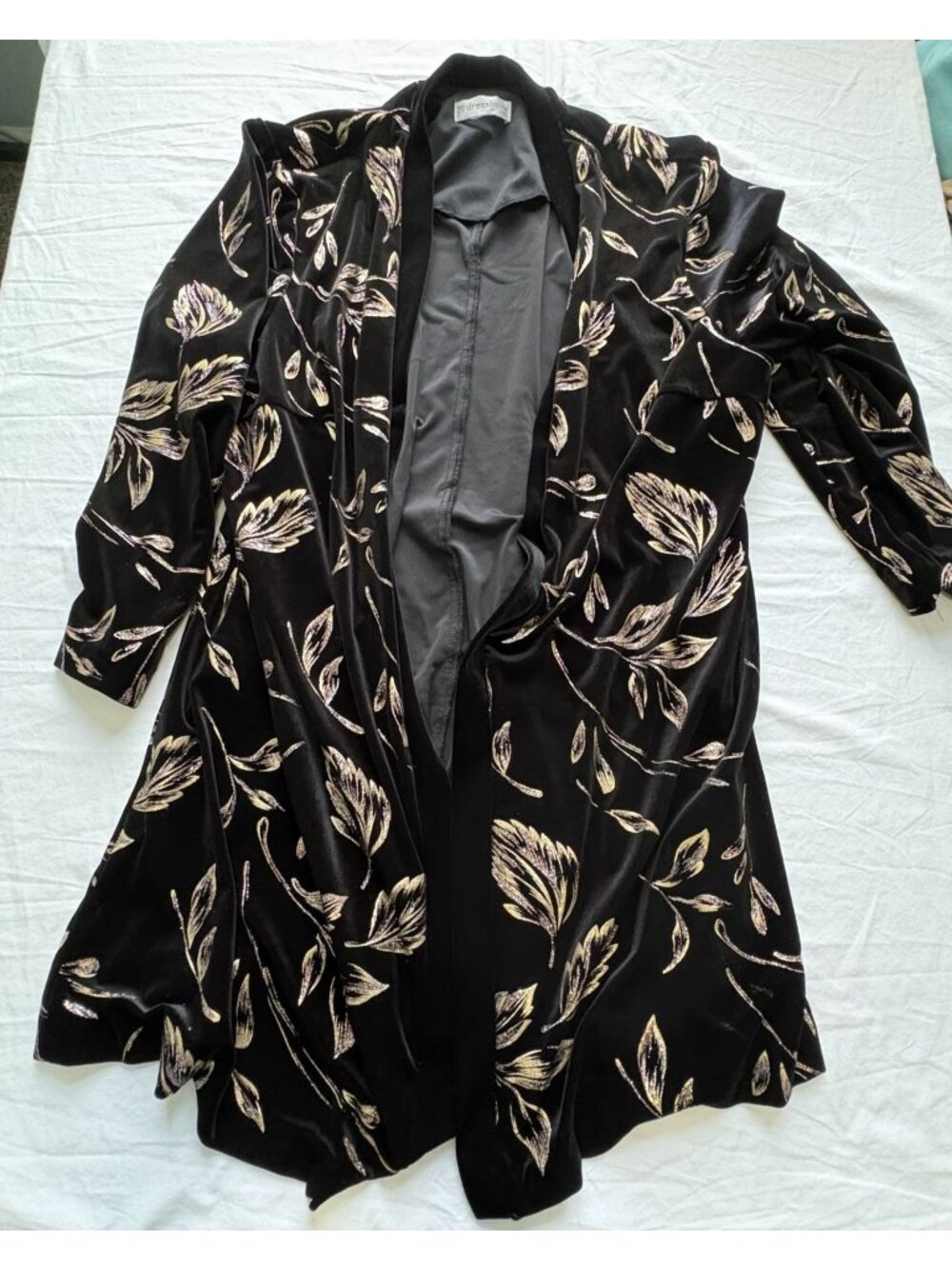 Dressbarn Womans Open Front Jacket Size 16W Black & Gold Glitter Floral Duster - Picture 7 of 10